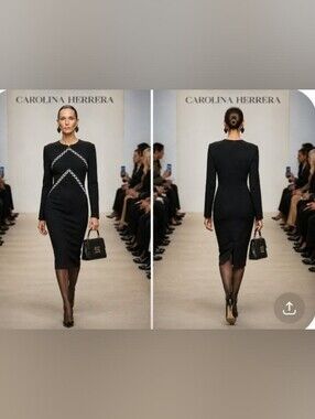 CAROLINA HERRERA 12 BLACK WHITE BEADED CHEVRON SHEATH KNEE LENGTH TIMELESS DRESS